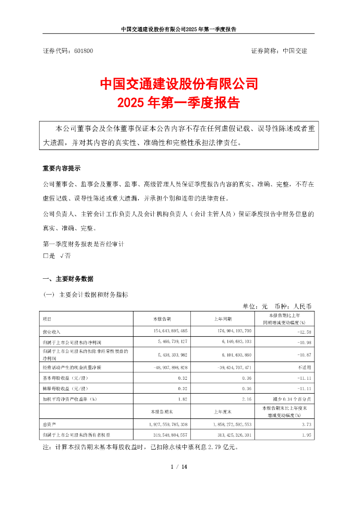601800-中国交建：中国交建2025年第一季度报告
