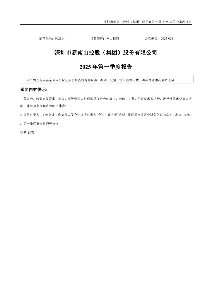 002314-南山控股：2025年一季度报告