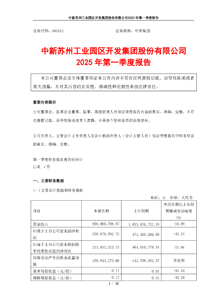 601512-中新集团：中新集团2025年第一季度报告