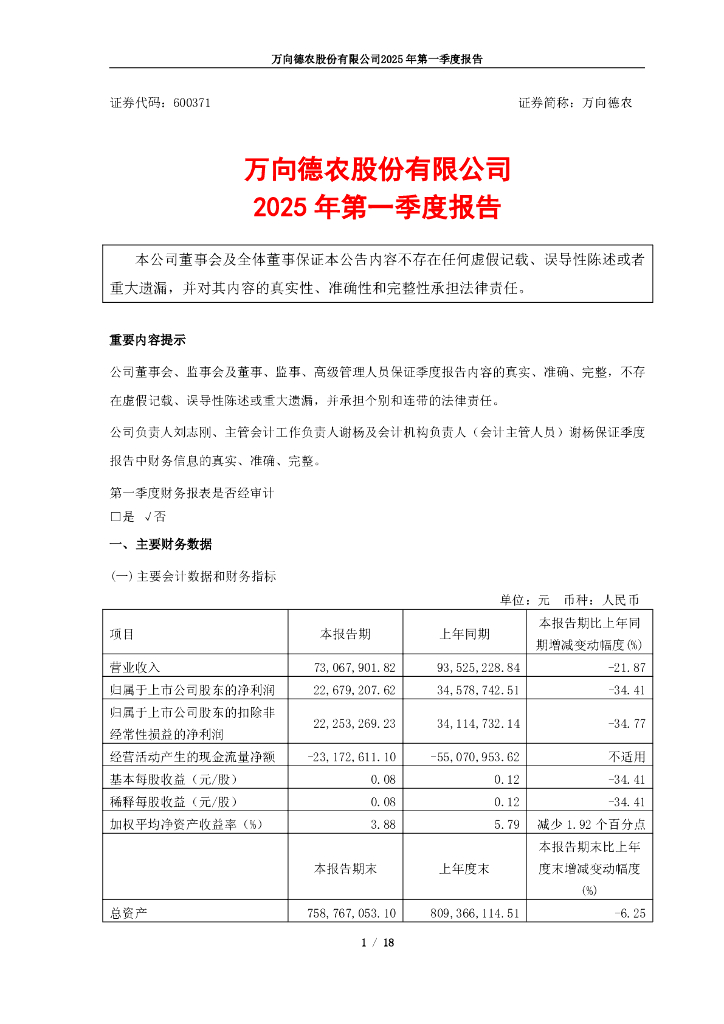 600371-万向德农：万向德农股份有限公司2025年第一季度报告
