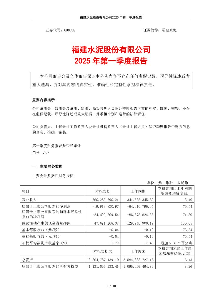 600802-福建水泥：福建水泥股份有限公司2025年第一季度报告
