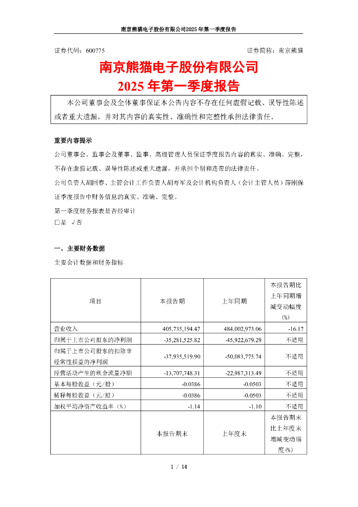 600775-南京熊猫：南京熊猫2025年第一季度报告