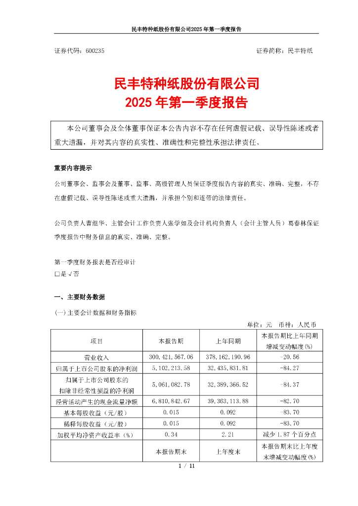 600235-民丰特纸：民丰特纸2025年第一季度报告