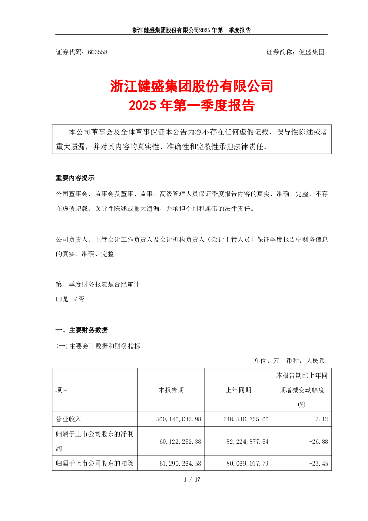 603558-健盛集团：健盛集团2025年一季度报告