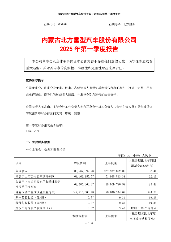 600262-北方股份：内蒙古北方重型汽车股份有限公司2025年第一季度报告