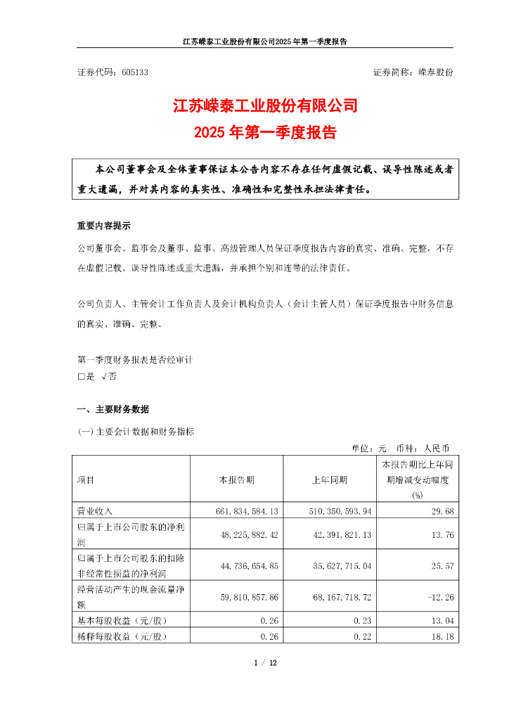 605133-嵘泰股份：嵘泰股份2025年第一季度报告