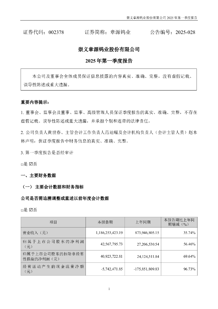 002378-章源钨业：2025年一季度报告