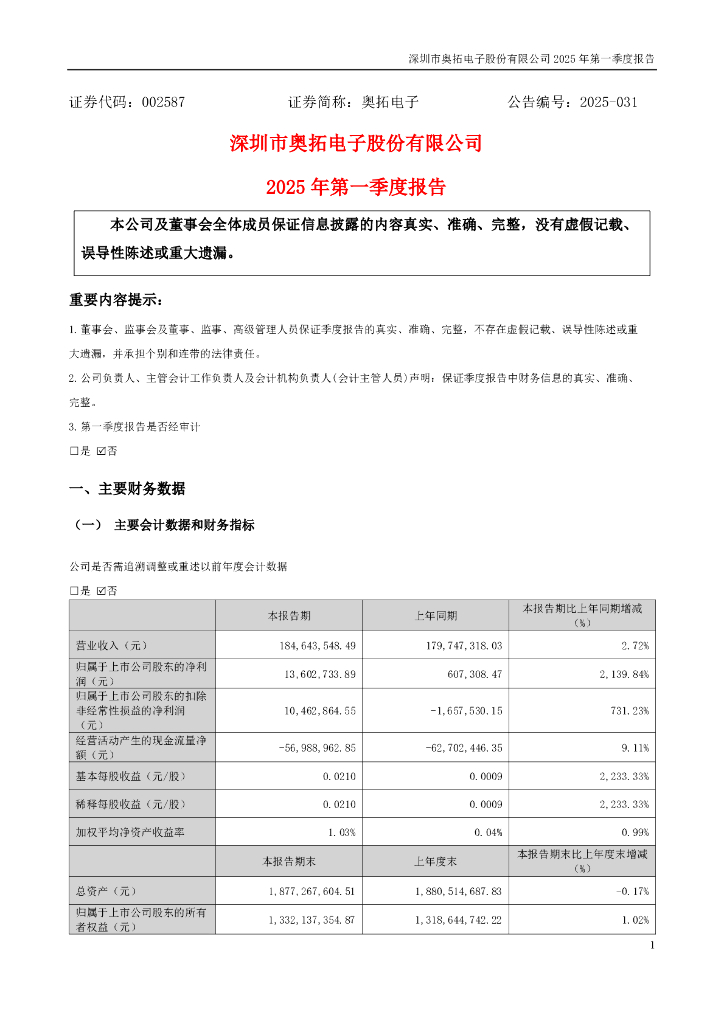 002587-奥拓电子：2025年一季度报告