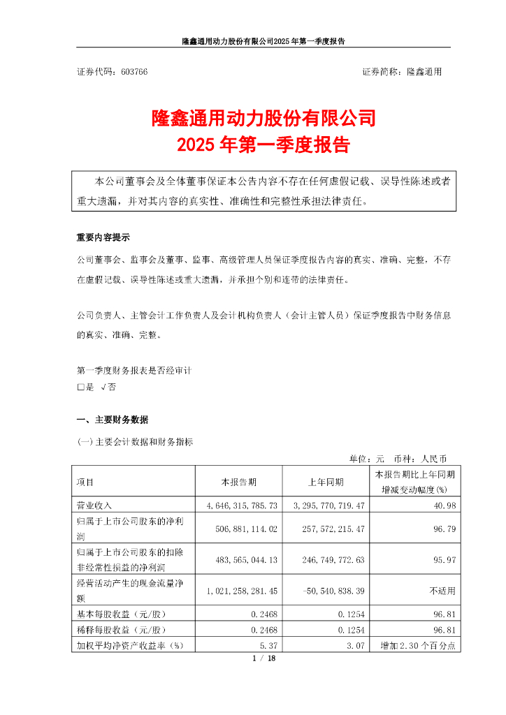 603766-隆鑫通用：隆鑫通用动力股份有限公司2025年第一季度报告