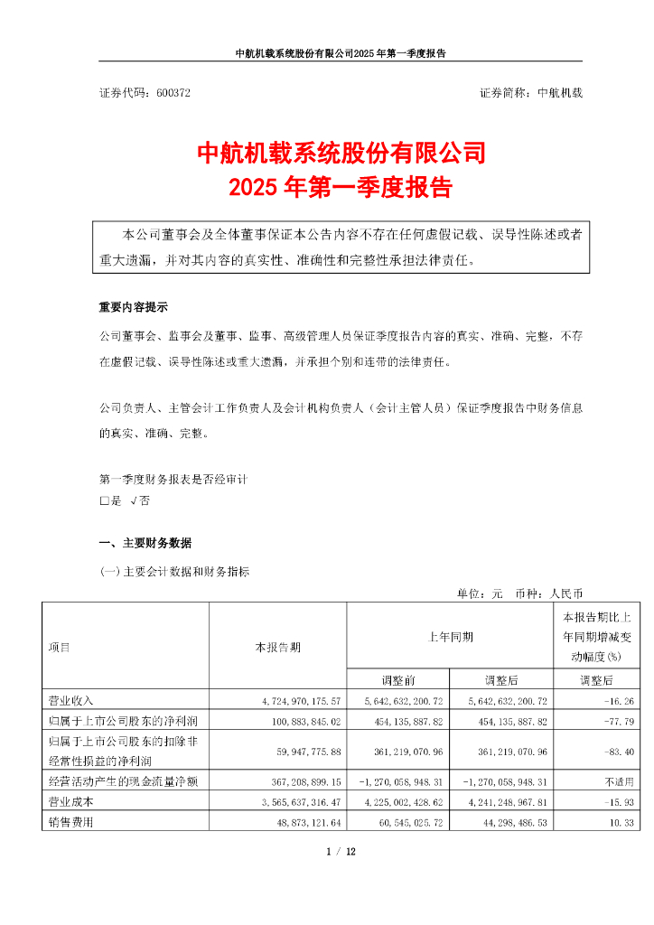 600372-中航机载：中航机载2025年第一季度报告