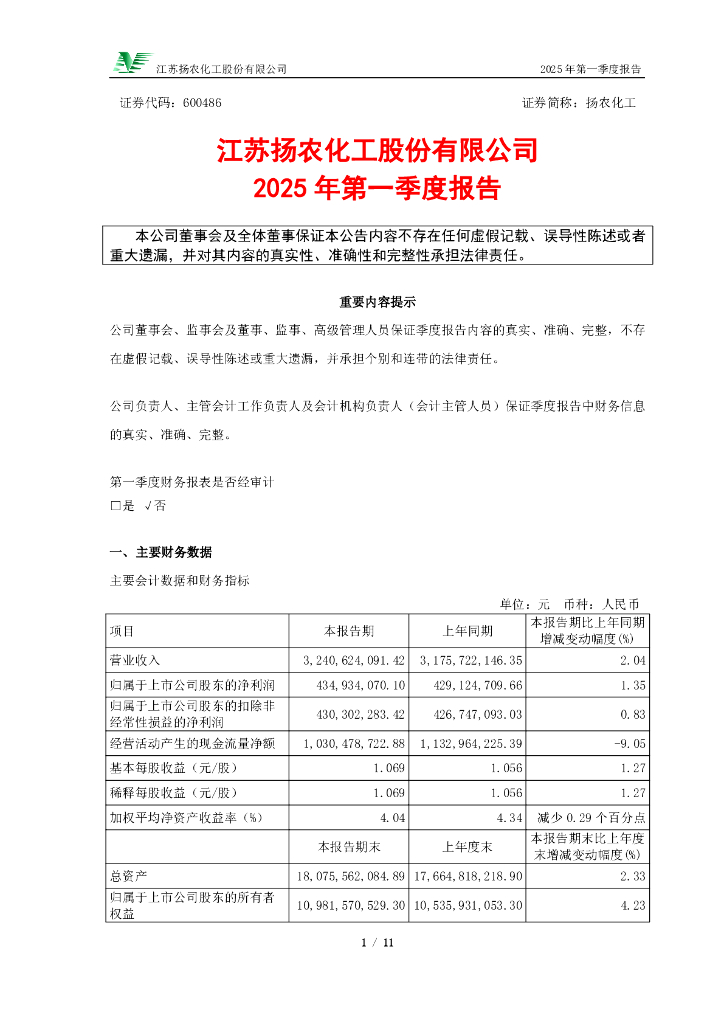 600486-扬农化工：2025年第一季度报告