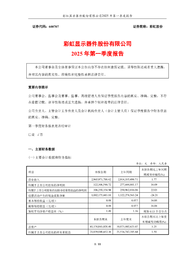 600707-彩虹股份：彩虹股份2025年第一季度报告