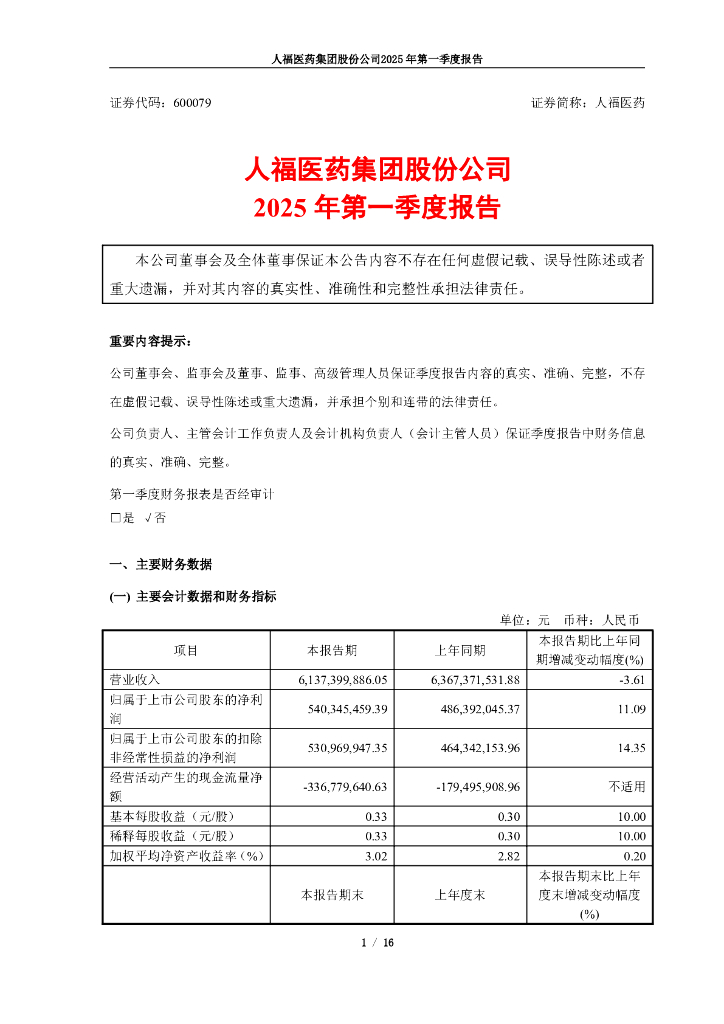 600079-人福医药：人福医药2025年第一季度报告