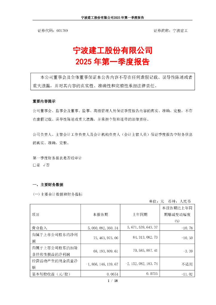 601789-宁波建工：宁波建工2025年第一季度报告