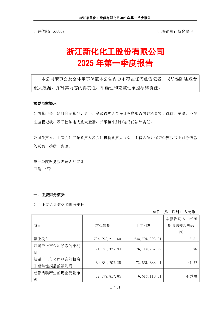 603867-新化股份：新化股份2025年第一季度报告