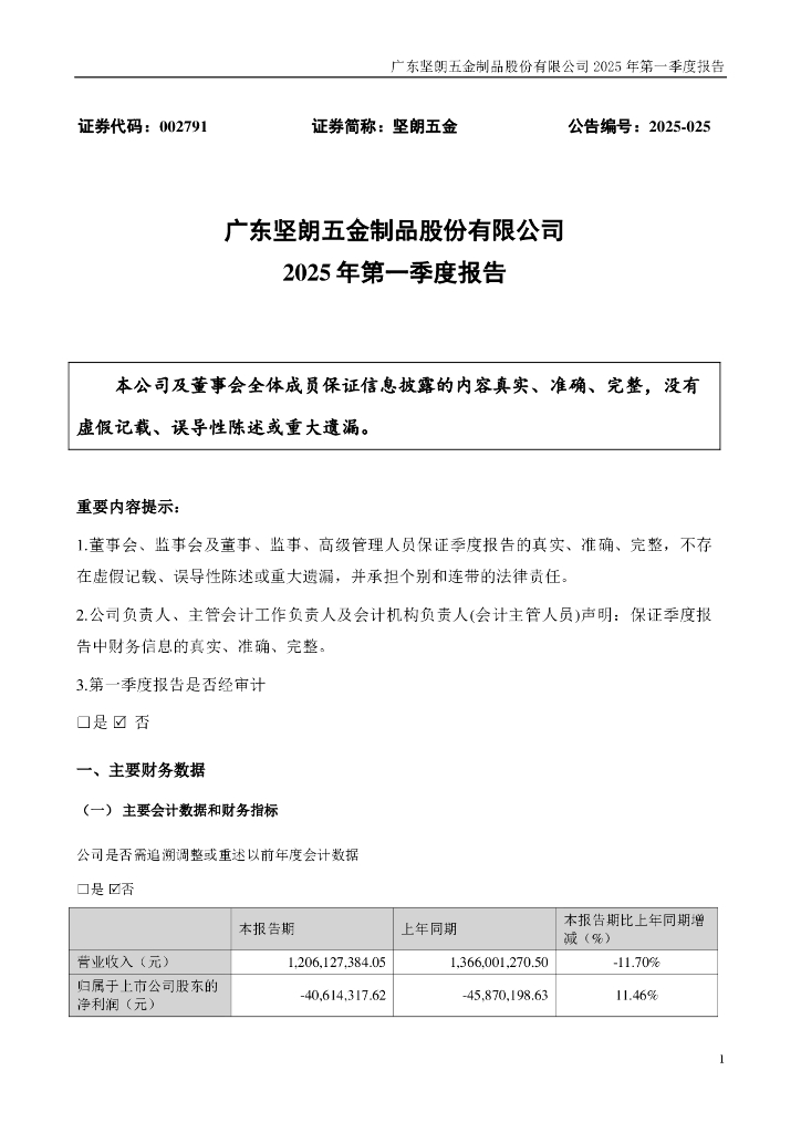 002791-坚朗五金：2025年一季度报告