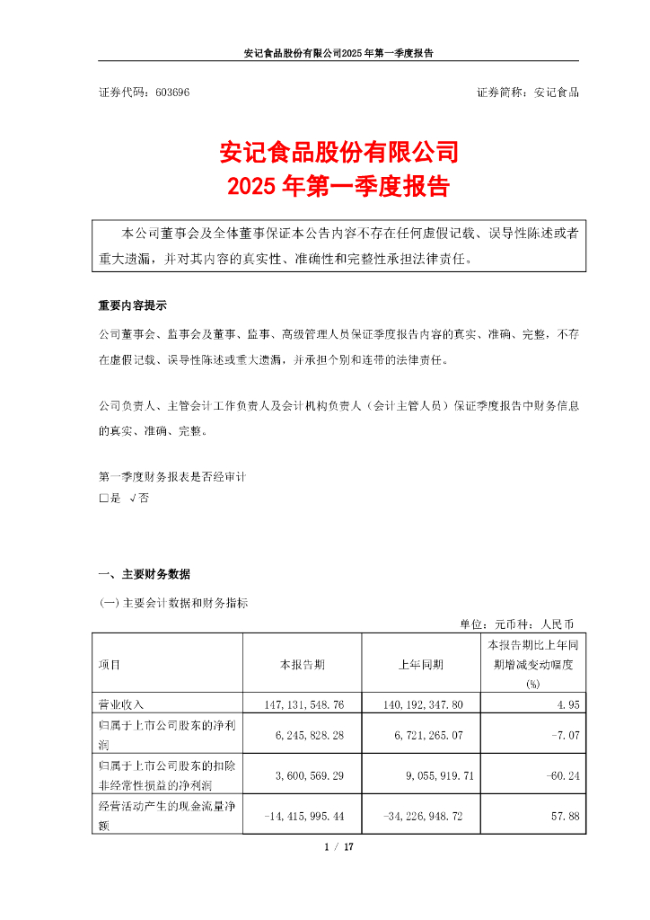 603696-安记食品：安记食品2025年一季度报告