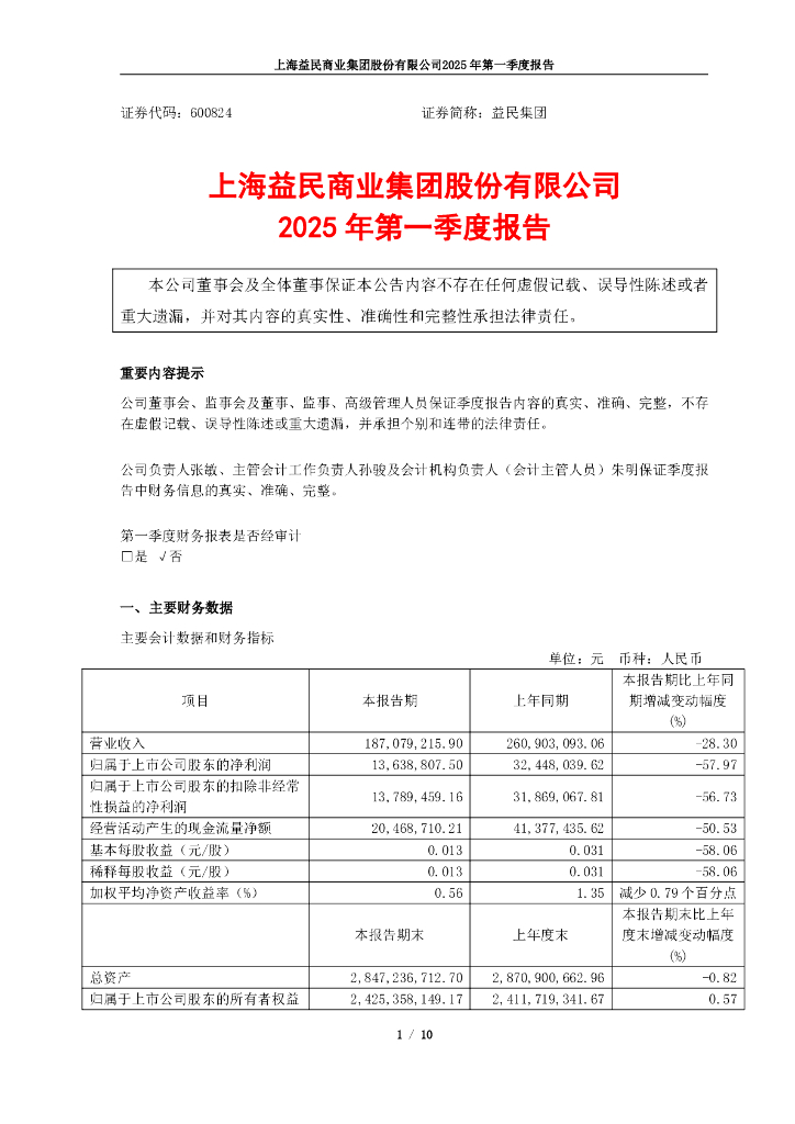 600824-益民集团：益民集团2025年第一季度报告
