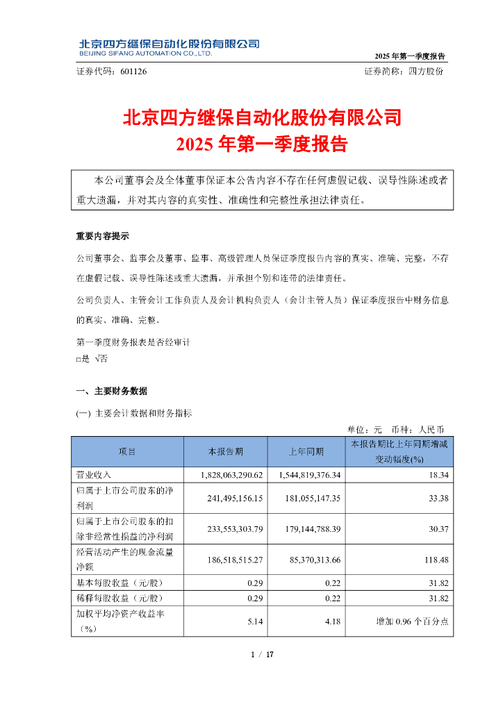 601126-四方股份：四方股份2025年第一季度报告
