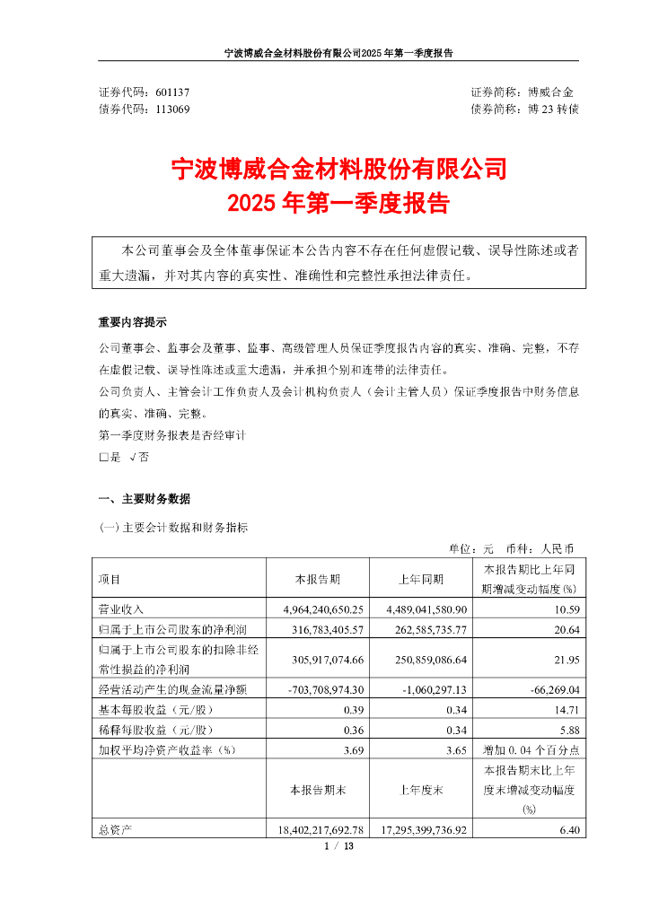 113069-博威合金：博威合金2025年第一季度报告