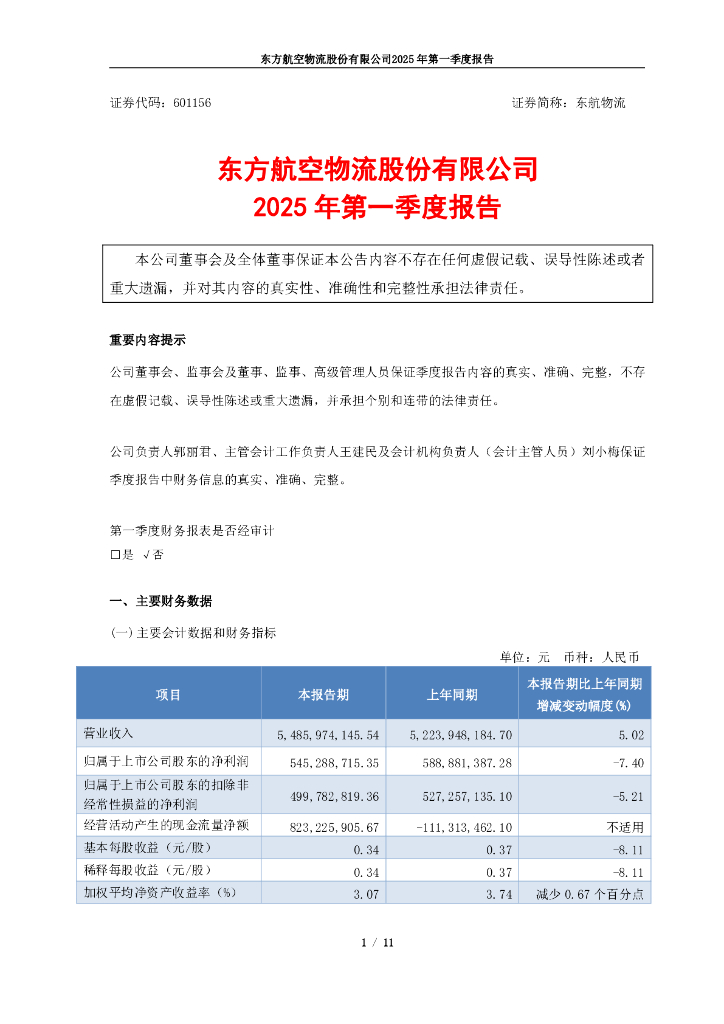 601156-东航物流：东航物流2025年第一季度报告