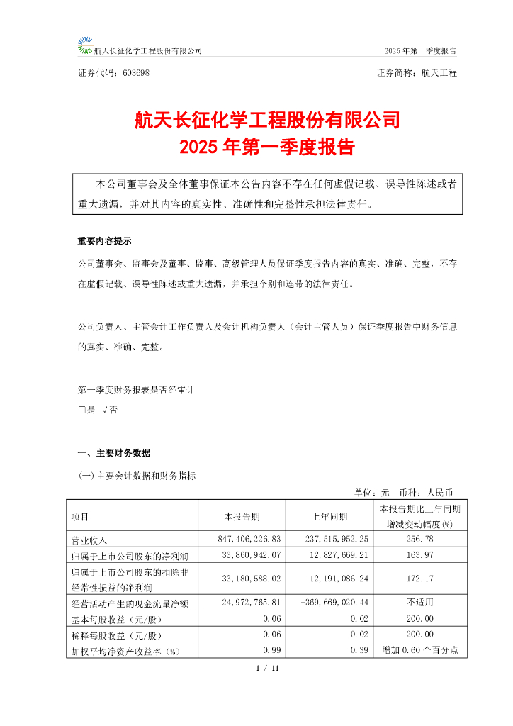 603698-航天工程：航天工程公司2025年一季度报告