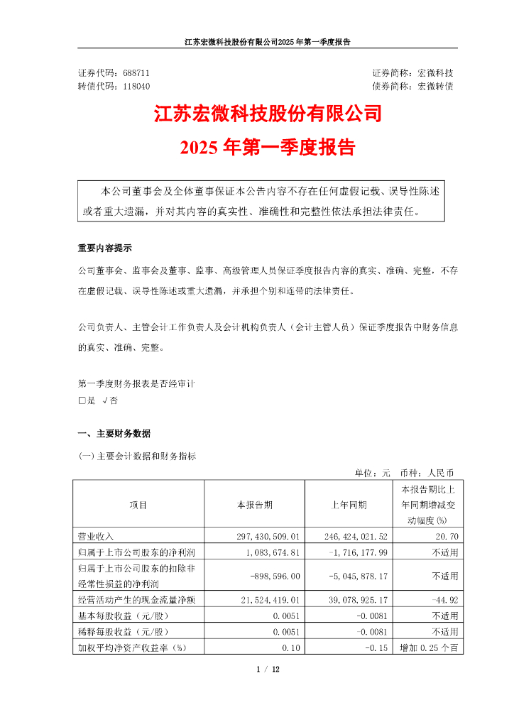 118040-宏微科技：江苏宏微科技股份有限公司2025年第一季度报告