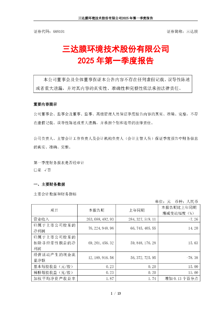 688101-三达膜：2025年第一季度报告