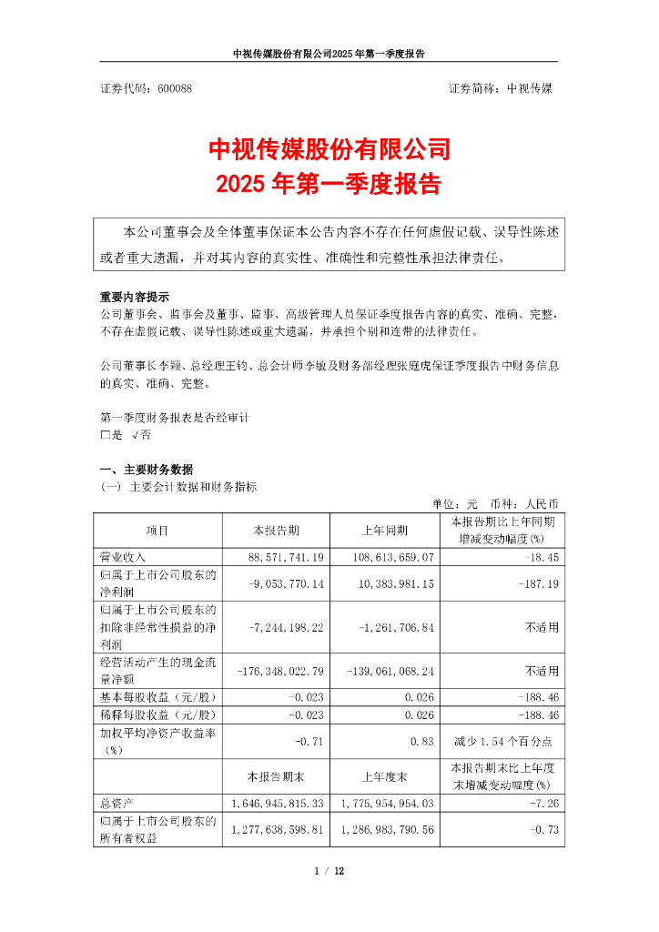 600088-中视传媒：中视传媒股份有限公司2025年第一季度报告
