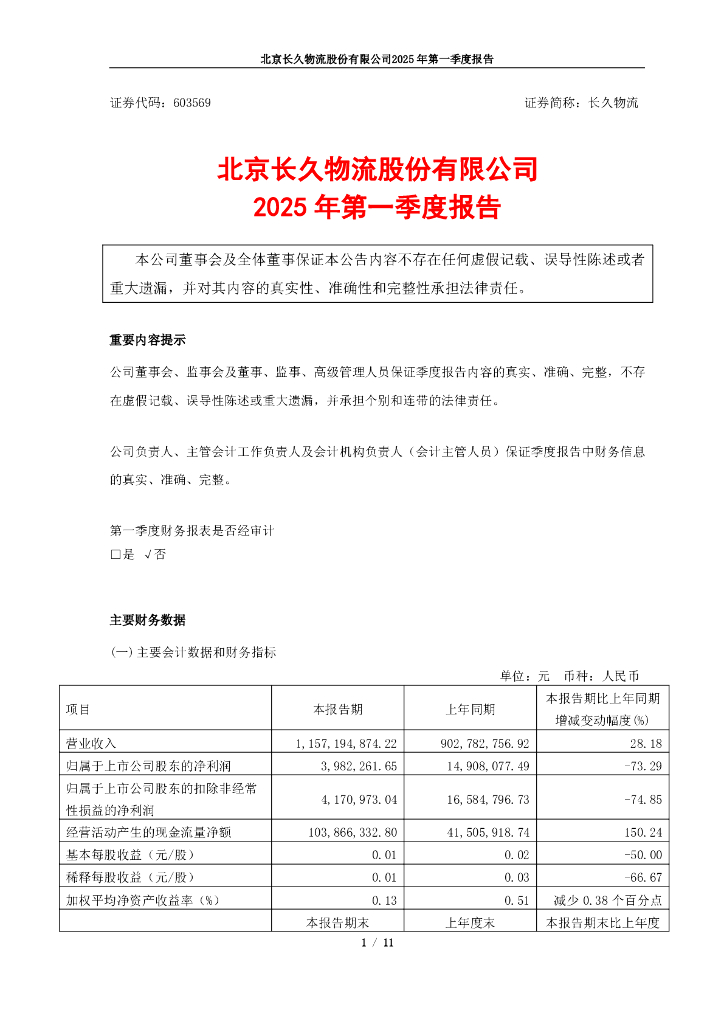 603569-长久物流：2025年第一季度报告