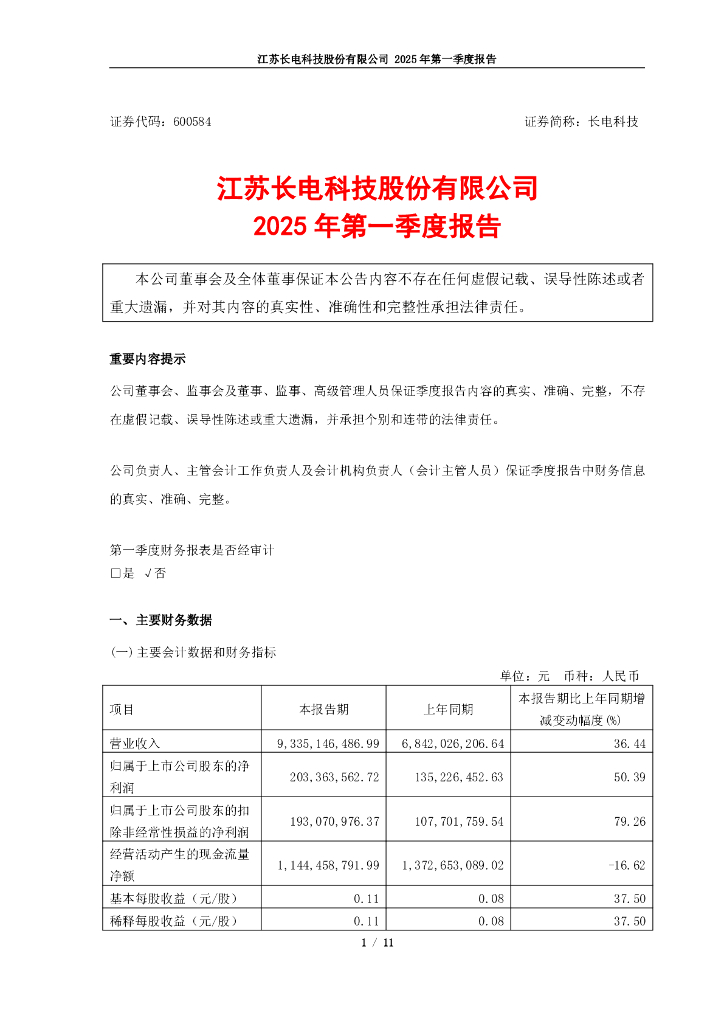 600584-长电科技：江苏长电科技股份有限公司2025年第一季度报告