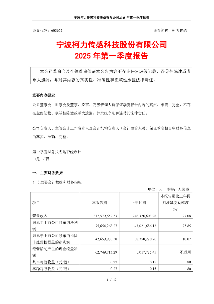 603662-柯力传感：柯力传感2025年第一季度报告