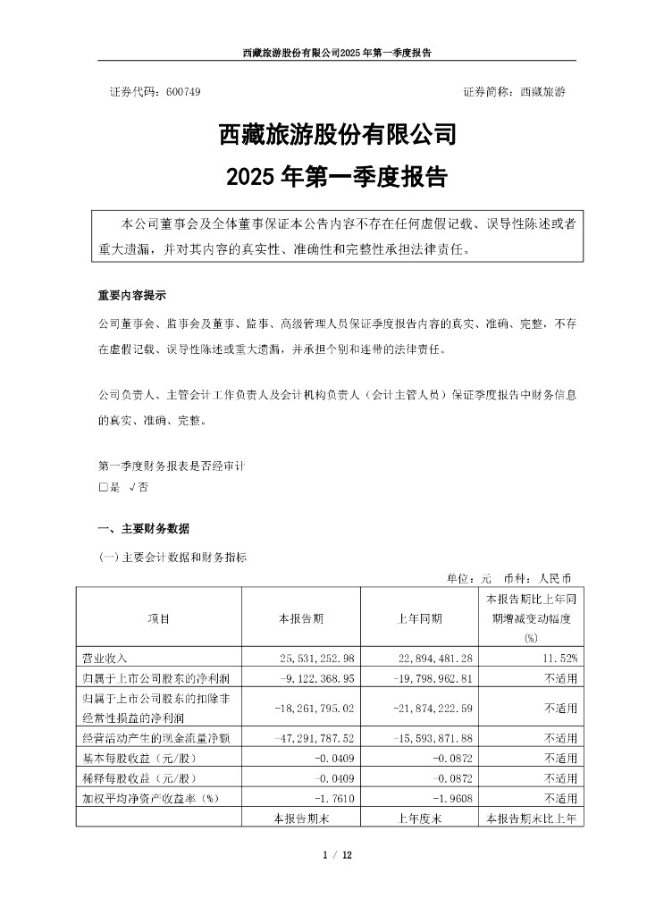 600749-西藏旅游：西藏旅游2025年第一季度报告