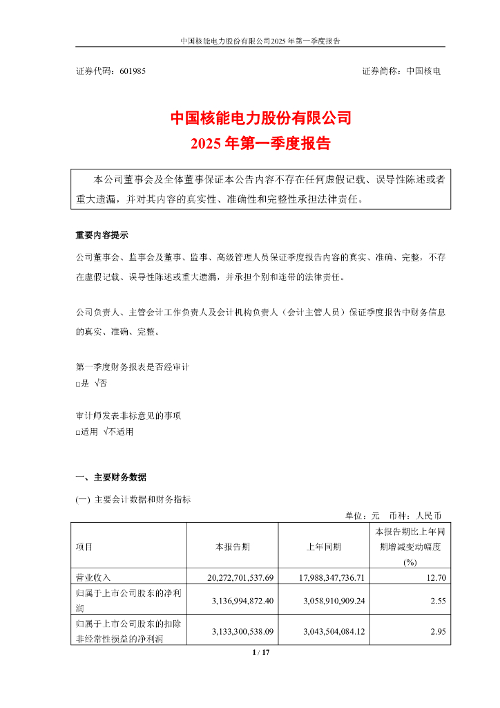 601985-中国核电：中国核能电力股份有限公司2025年第一季度报告
