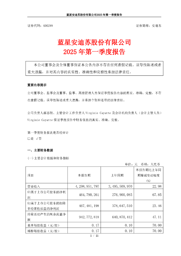 600299-安迪苏：安迪苏2025年第一季度报告