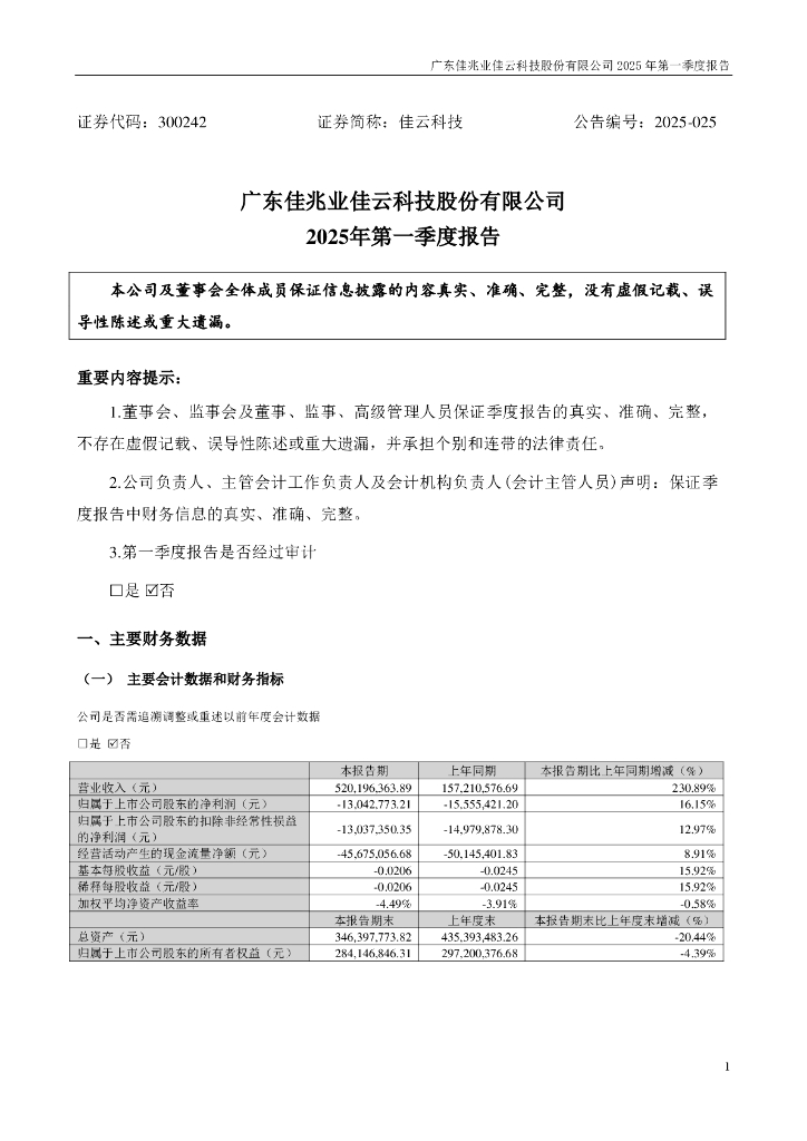 300242-佳云科技：2025年一季度报告