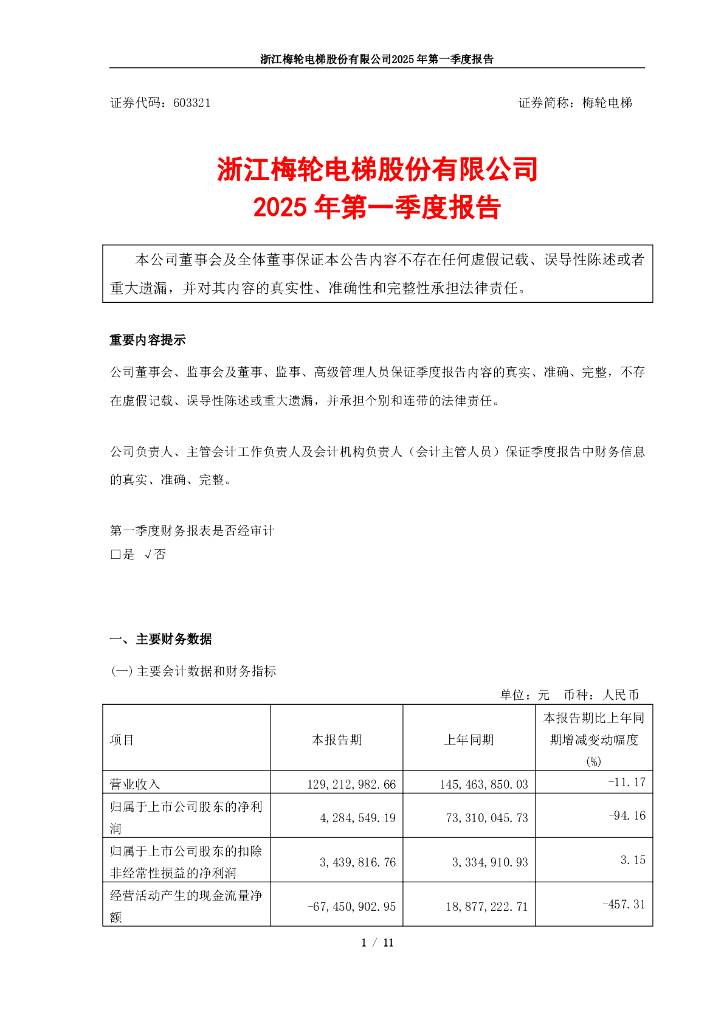 603321-梅轮电梯：浙江梅轮电梯股份有限公司2025年第一季度报告