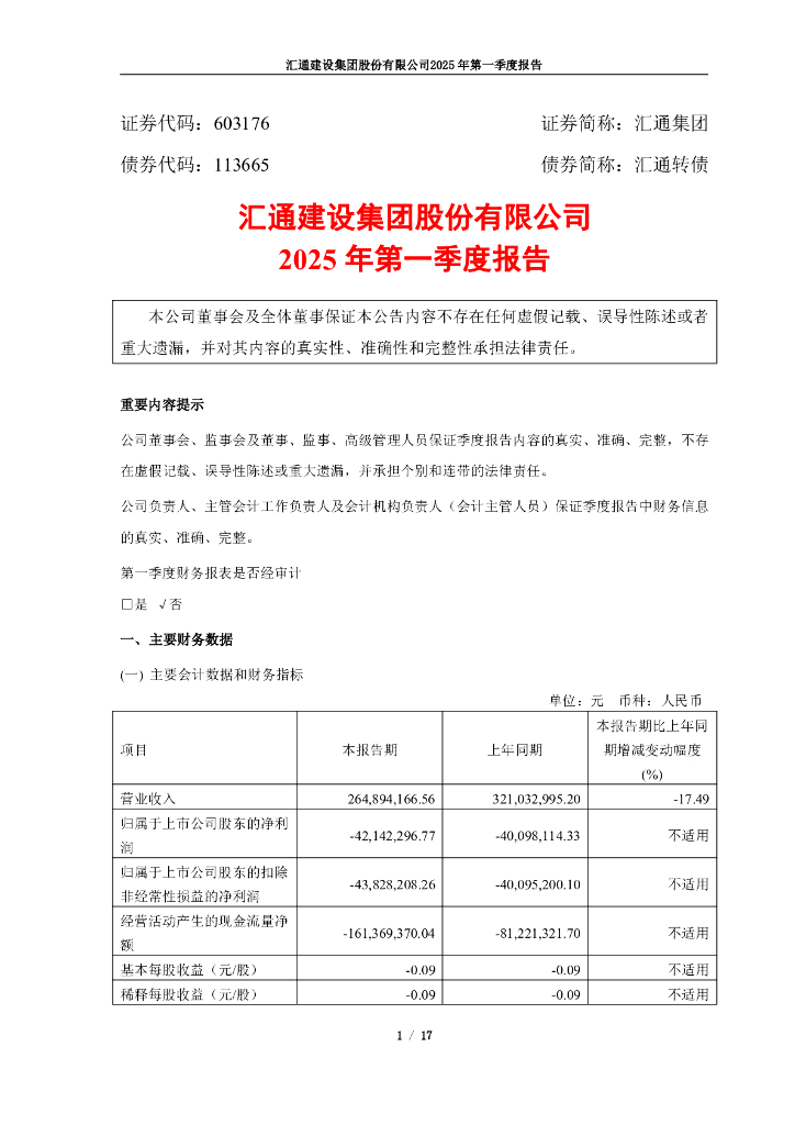 113665-汇通集团：汇通集团2025年第一季度报告