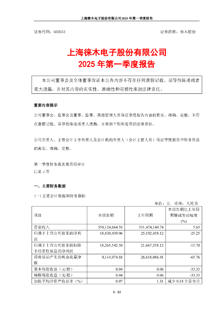 603633-徕木股份：徕木股份2025年第一季度报告