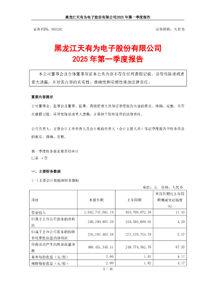 603202-天有为：黑龙江天有为电子股份有限公司2025年第一季度报告