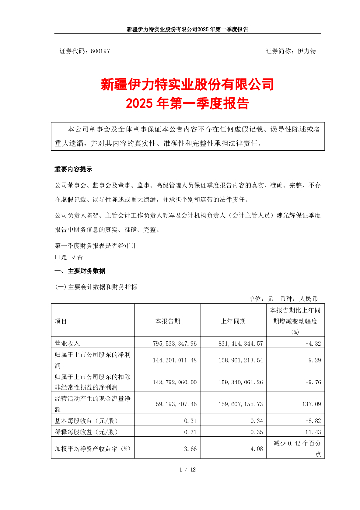 600197-伊力特：新疆伊力特实业股份有限公司2025年第一季度报告