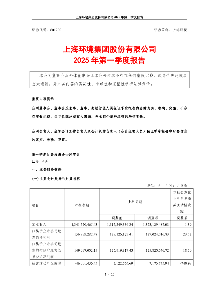 601200-上海环境：上海环境集团股份有限公司2025年第一季度报告