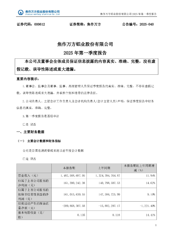 000612-焦作万方：2025年一季度报告