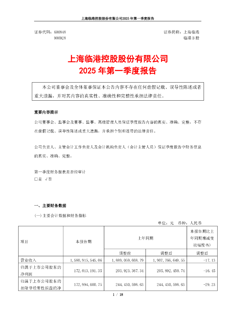 600848-上海临港：2025年第一季度报告