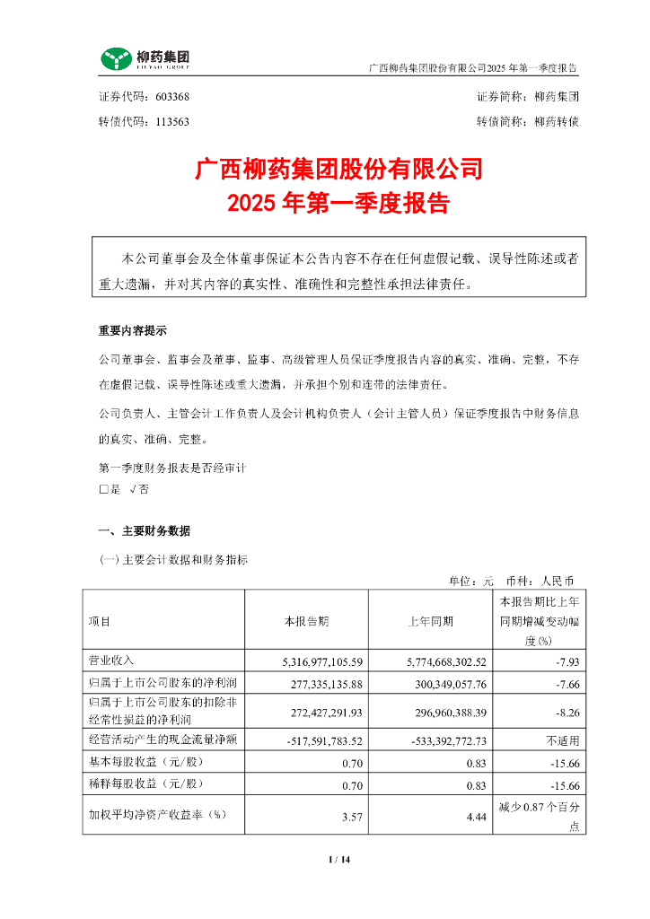 113563-柳药集团：广西柳药集团股份有限公司2025年第一季度报告
