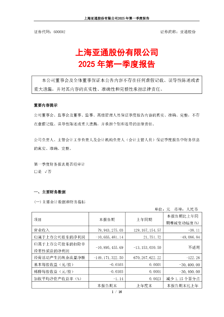 600692-亚通股份：亚通股份2025年第一季度报告