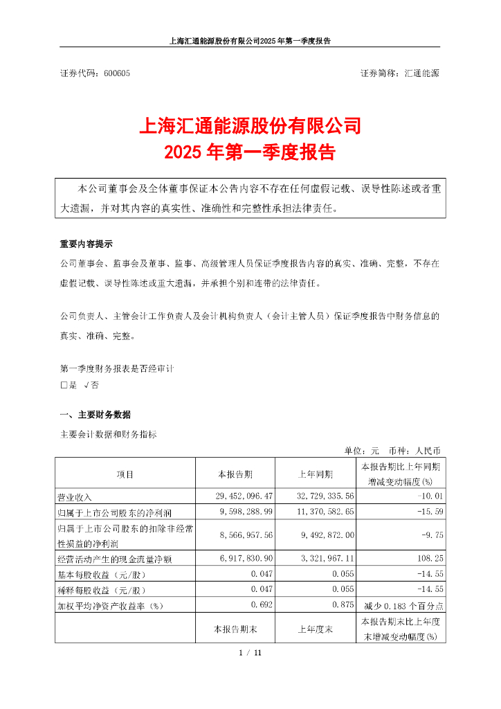 600605-汇通能源：2025年第一季度报告
