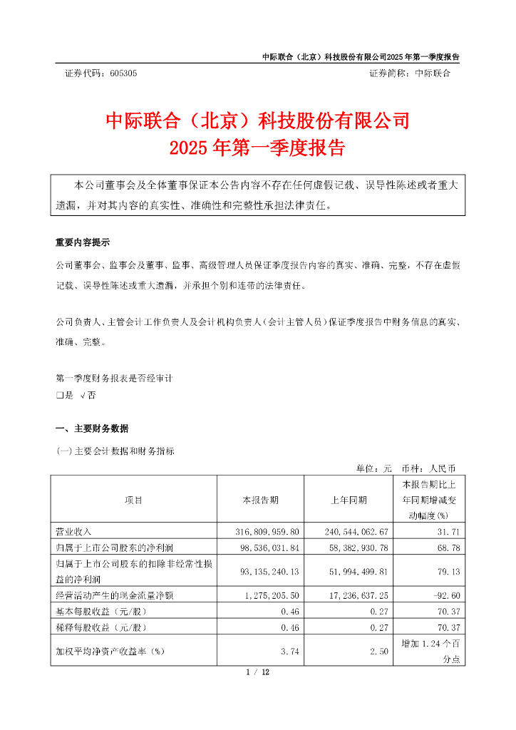 605305-中际联合：中际联合2025年第一季度报告