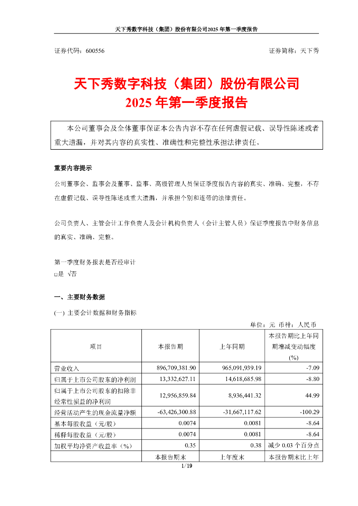 600556-天下秀：天下秀数字科技(集团)股份有限公司2025年第一季度报告