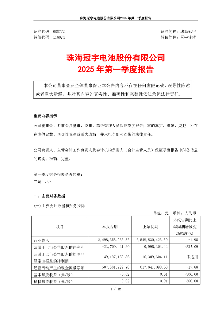 118024-珠海冠宇：2025年第一季度报告